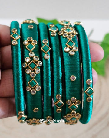 Green Silk Thread Bangles Set of 6 | Both Hands Set, Handmade Women's Fashion Jewelry | Rivaj Store