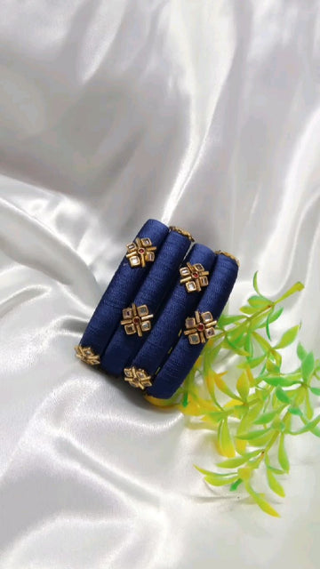 Blue Kundan Silk Thread Bangles | Elegant Handmade Jewelry | Rivaj Store