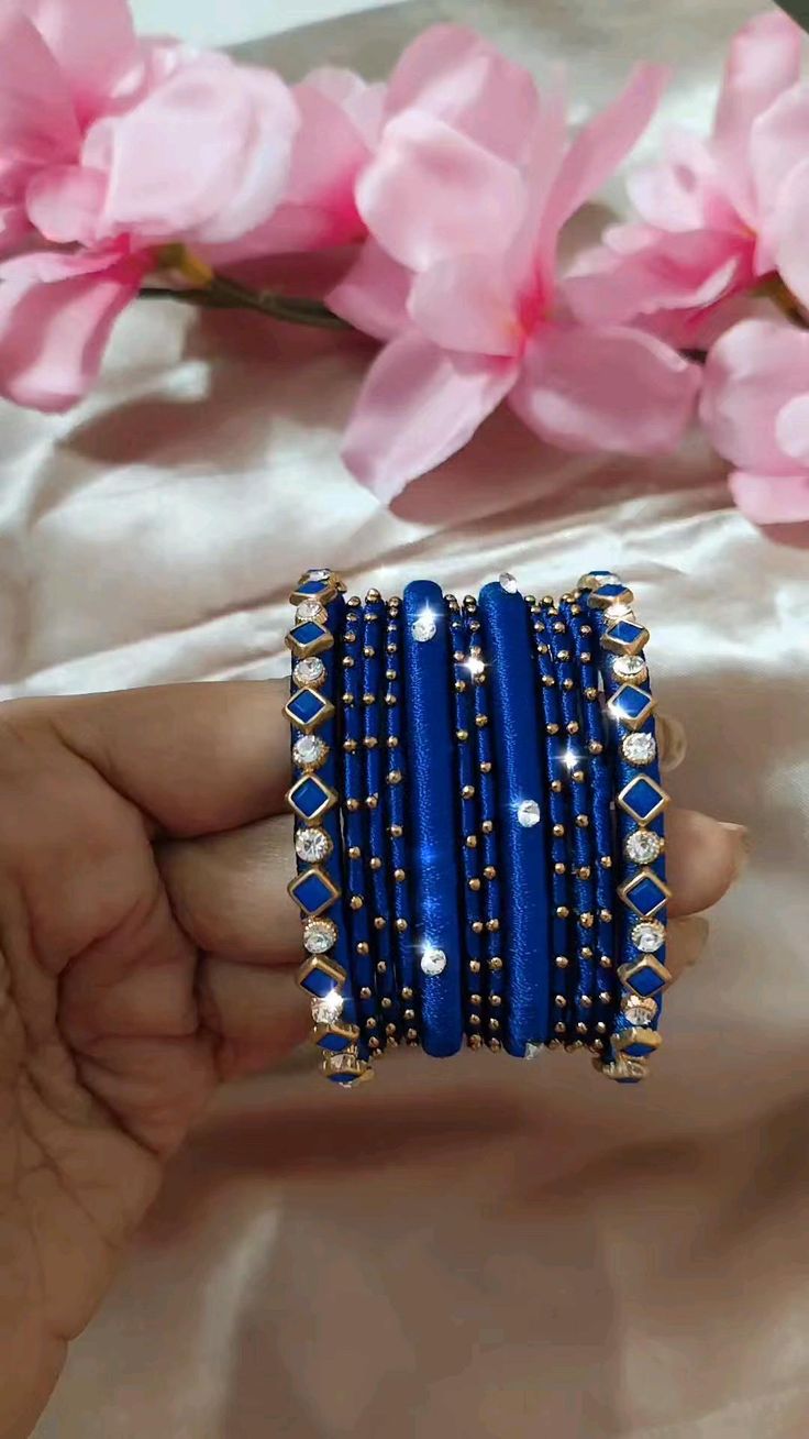 Blue Metal Bangles with Silk Thread Wrap | Custom Handmade Jewelry | Rivaj Store